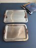 Pair Barclay Butera Luxury Silver Serving Trays With Leather Chrome Handles