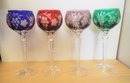 4 AJKA Cut Crystal Glass Hock Wine Goblets Blue Red Green Purple 8 3/8'