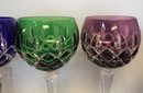 5 AJKA Cut Crystal Glass Hock Wine Goblets Blue, 2 Red, Green, Purple 8 3/8'
