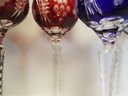 6 AJKA Cut Crystal Glass Hock Wine Goblets  Blue ,2 Red, Green, 2 Purple 8 3/8'