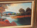 Wood Frame Oil Scenic Art Piece Overall In Wood Frame 37x22