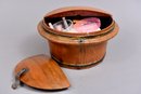 Dunhill Square Wooden Box, Box With Sewing Notions And Carved Chinese Water Bucket/lunch Basket