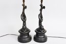 Pair Of Antique French Bronze Dolphin Serpent Motif Table Lamps