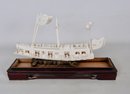Chinese Intricately Hand Carved Boat In Wooden And Glass Enclosed Case