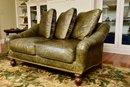Custom Distressed Ralph Lauren Style Leather Two Cushion Loveseat With Down Filled Reversible Cushions