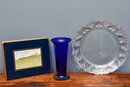 Tiffany & Co. Crystal Heart Platter, Hand Blown Cobalt Blue Art Glass Vase And Set Of Four Kedron Placemats