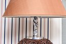 Pair Of Woven Rattan Ball Cap Linen Shade Table Lamps With Pewter Base