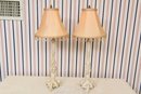 Pair Of Victorian Style Vintage 1980s Iron Table Lamps With Beaded Silk Shades And Gilt Candlestick Lamp