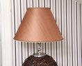 Pair Of Woven Rattan Ball Cap Linen Shade Table Lamps With Pewter Base