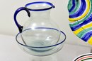 Hand Blown Glass Pitcher And Bowl And Set Of Five Serving Plates