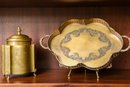 Brass Footed Tea Caddy, Brass Pierced Tea Table Tray And Easel
