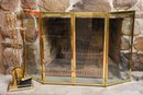 Folding Brass Fireplace Screen And Four Piece Fireplace Tool Set