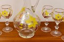 Hand Painted Floral Glass Decanter With Set Of Six Matching Glasses