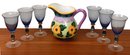 Milson & Louis Hand Painted Pitcher And Set Of Six Wine Glasses