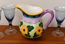 Milson & Louis Hand Painted Pitcher And Set Of Six Wine Glasses