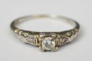 Antique 14k White Gold With Center Diamond And Two Side Diamonds (Size 5)
