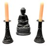 Vintage Praying Buddha And Pair Of Metal Candlestick Holders With Candles