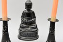 Vintage Praying Buddha And Pair Of Metal Candlestick Holders With Candles