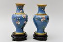 Pair Of Vintage Chinese Cloisonne Enamel Bird And Cherry Blossom Design Vases