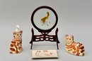 Vintage Double Sided Chinese Signed Silk Embroidered Cat With Wooden Stand And More