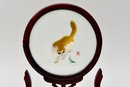 Vintage Double Sided Chinese Signed Silk Embroidered Cat With Wooden Stand And More