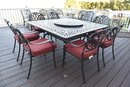 Fortunoff Square Table With Lazy Susan, Eight Matching Arm Chairs And Sunbrella Cushions