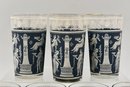 Set Of Eight Mid-Century Jeanette Greek Corinthian Blue Wedgwood-Style Tumblers With Brass Caddy