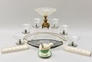 Fluted Brass Pedestal Center Bowl, Set Of 12 La Fleur Porcelain Name Place Settings, Set Of 6 Dessert Cups