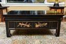 Chinese Black Lacquered Cocktail Table With Carved Wood Drawer Panels In High Relief