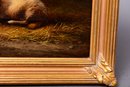 Oil On Board Painting Depicting An East Friesian Sheep With Baby Lambs And Chickens In Gilt Wood Frame