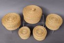 Set Of Five Handwoven Sweet Grass Lidded Baskets