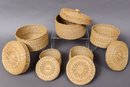 Set Of Five Handwoven Sweet Grass Lidded Baskets