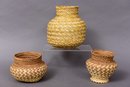Tarahumara Two Tone Woven Basket Vases And Neutral Woven Basket Vase
