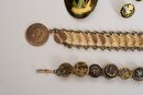 Antique Pictorial Button Bracelet, Mexican Coin Bracelet, Spanish Damascene Pendant, Earrings And More