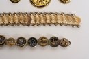 Antique Pictorial Button Bracelet, Mexican Coin Bracelet, Spanish Damascene Pendant, Earrings And More