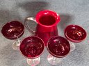 Set Of 4 Hand Blown Red Margarita Glasses And Matching Pitcher Handmade Air Bubble Design In Glass