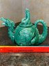 Green Dragon Tea Pot Signed JHD '96 Wizard Riding Ceramic Dragon Teapot 10'