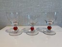Red Swirl Dish And 3 Etched Vintage Crystal Glasses