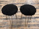 Mongolian Faux Fur Round Stools With Metal Hair Pin Legs- A Pair