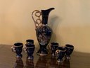 Cobalt And Gilt Rimmed Pitcher And Six Demitasse Cuos