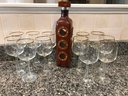 Unique Leather Wrapped Decanter & 12 Goldplate Rimmed Wine Glasses