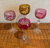 Group Of Four Colored Etched Bohemian Glasses