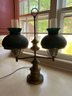 Vintage Student Lamp - Double Arm - Green Ribbed Swirled Globes