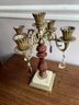 Four Arm Cast Brass Standing Candelabra With Dangling Crystals