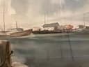 Framed Watercolor Of A Shipping Dock With Linen Mat