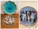 Aqua Scalloped Ceramic Plate From France, Sydenstricker Glass Flower Plate From Germany And Wedding Day Plate