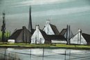 Vintage Mid Century Modern Acrylic On Canvas Seaside Town Painting By Trenner