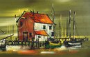 Large Mid Century Modernist Acrylic On Board Seaside Harbor Painting