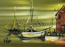 Large Mid Century Modernist Acrylic On Board Seaside Harbor Painting