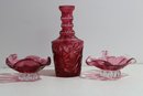 Cranberry Red Cut To Clear Vase With Candle Stick Holders